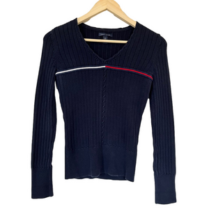 Vintage 90s Y2K Tommy Hilfiger Navy Ribbed V-Neck Sweater White & Red Stripe